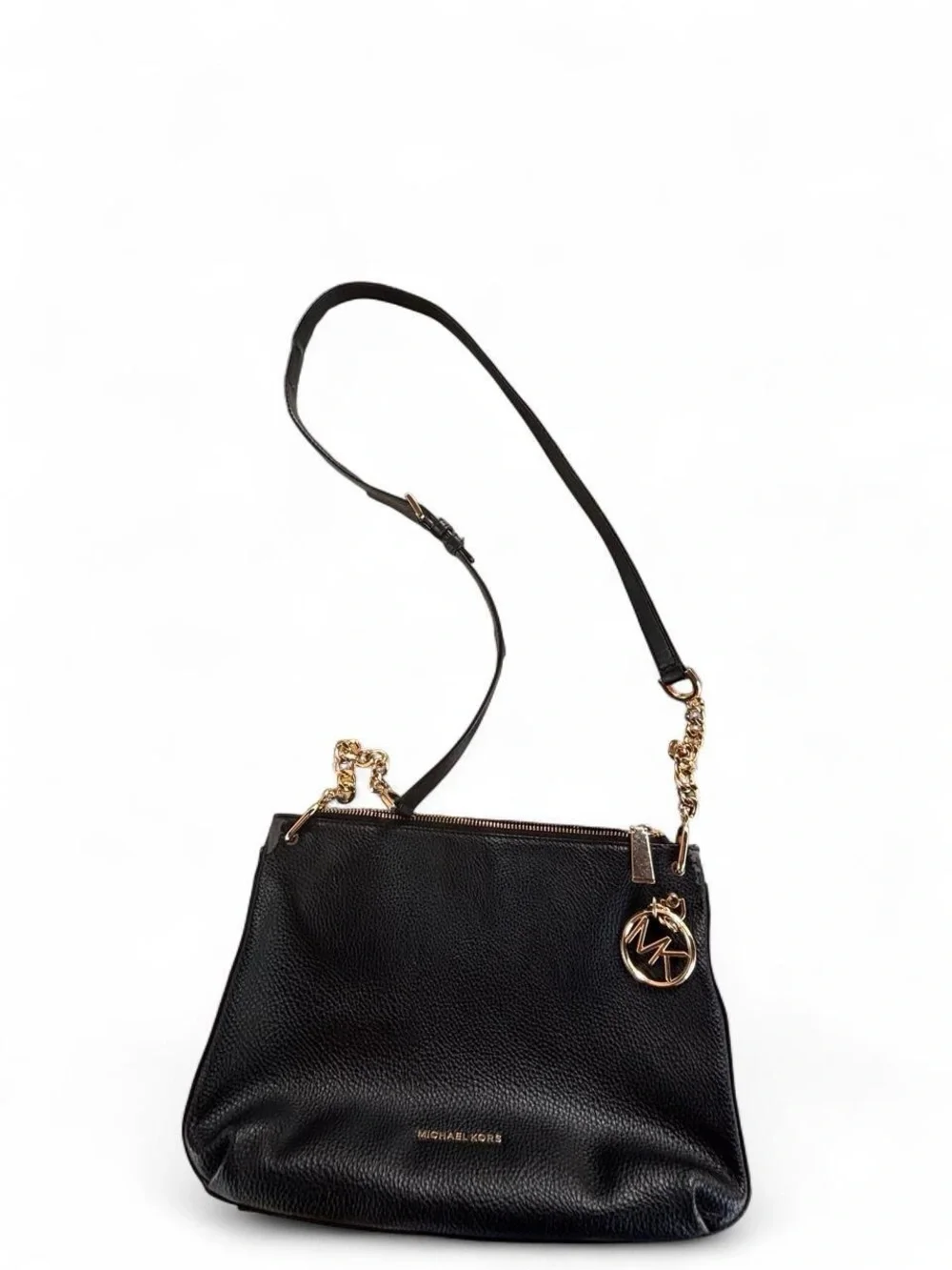Michael Kors Black Pebbled Leather Shoulder Bag with Gold Hardware